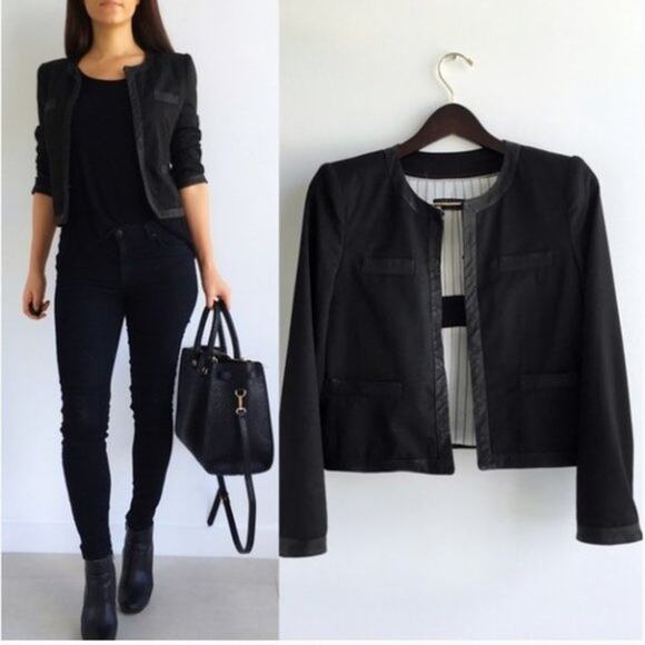 Alice + Olivia Jacket Sz SP Black LAMB LEATHER TRIM Puff Quilted Blazer Regency - Picture 2 of 16